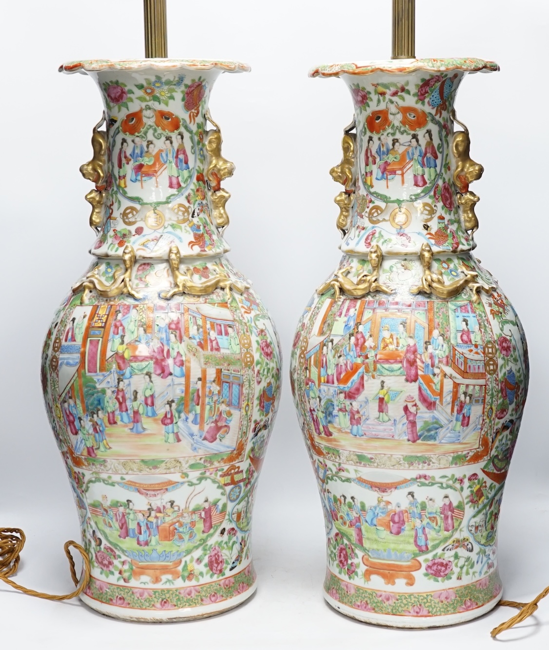 A pair of 19th century large Chinese Canton vases mounted as lamps, 59cm excluding lamp fittings